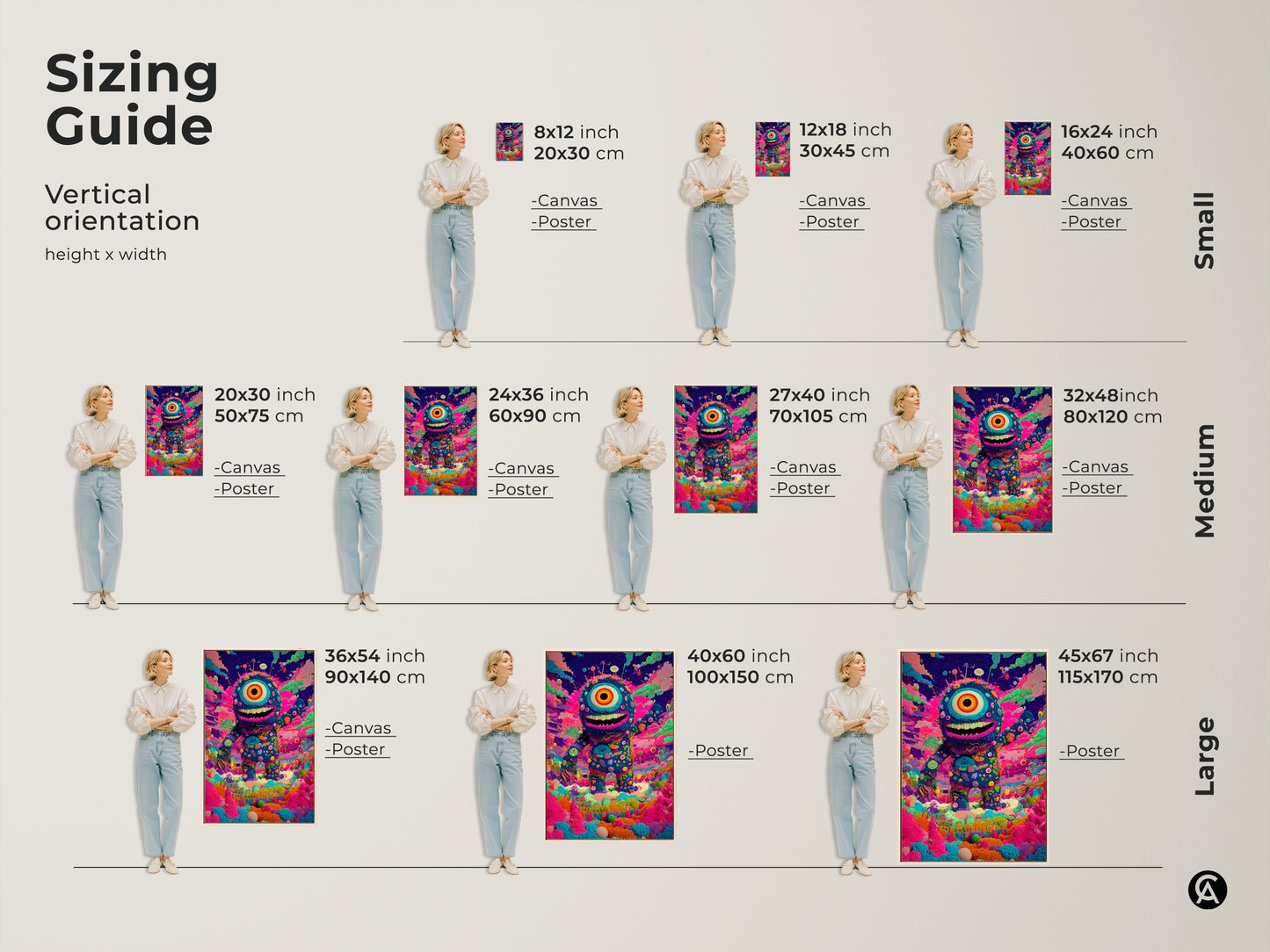 Sizing guide for vertical monster artwork. Available in small medium and large sizes. Options include canvas and poster prints. Find the perfect fit for your space. Transform your walls with this colorful one-eyed monster art today.
