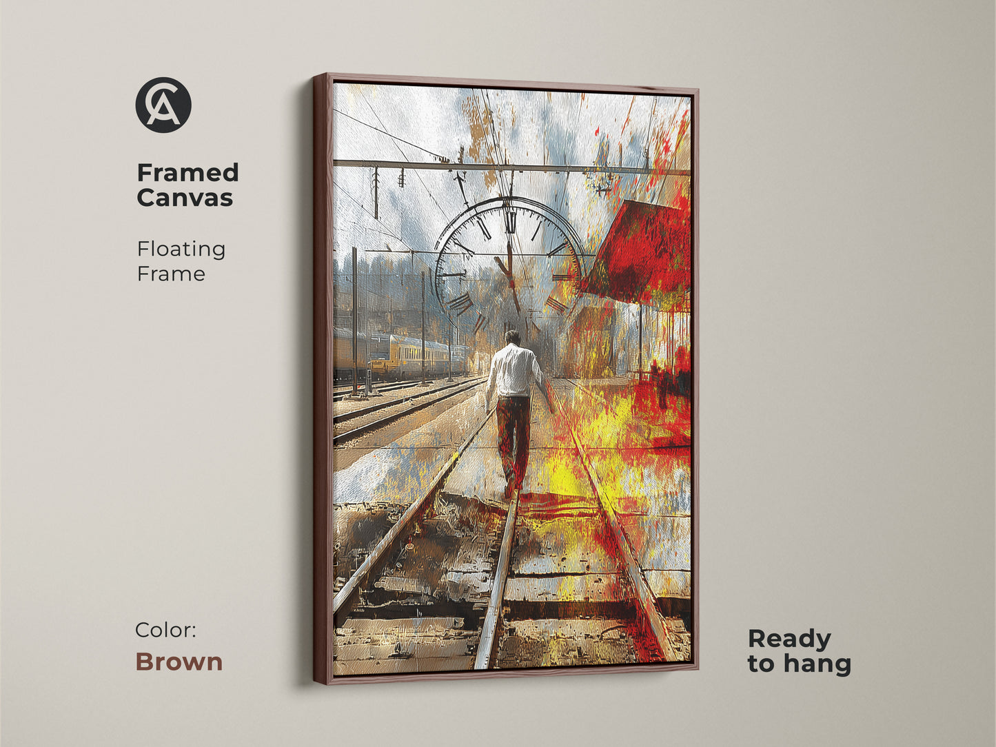 Framed Canvas Print with a floating brown frame. A man walks on railway art with a vintage clock. The yellow blue abstract art is ready to hang. Modern abstract artwork for study room. A surrealist home decor piece.