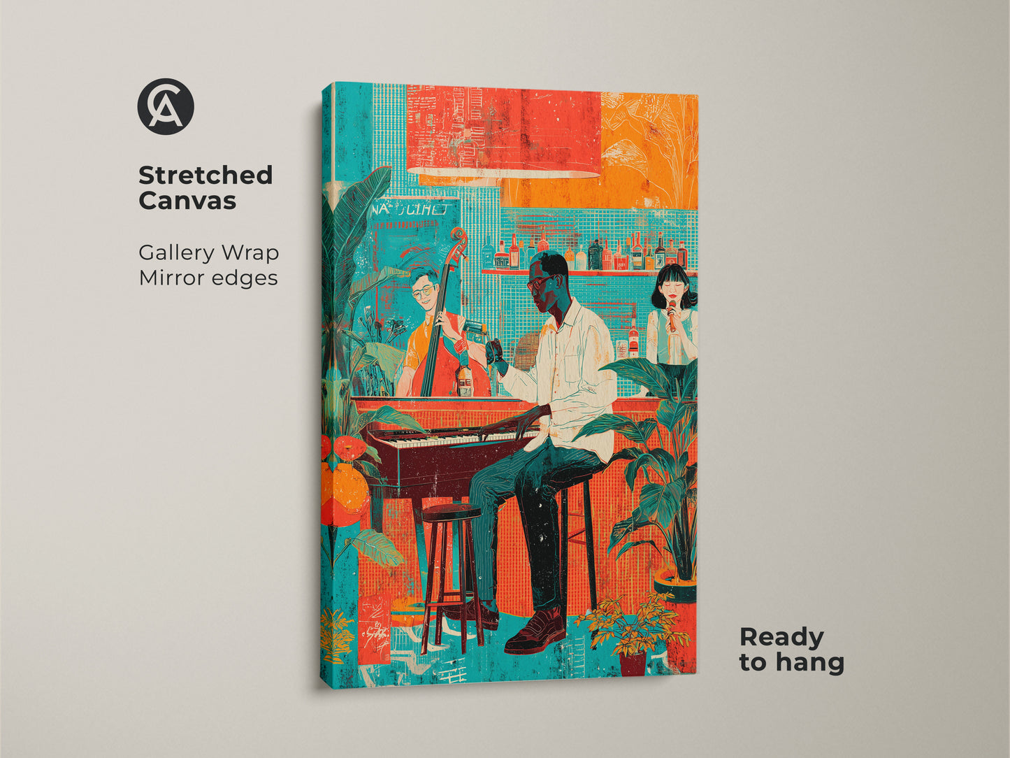 Stretched canvas art print of a retro jazz band with gallery wrapped edges. The teal red and orange artwork shows a pianist and singer. Ready to hang for eclectic bar decor.