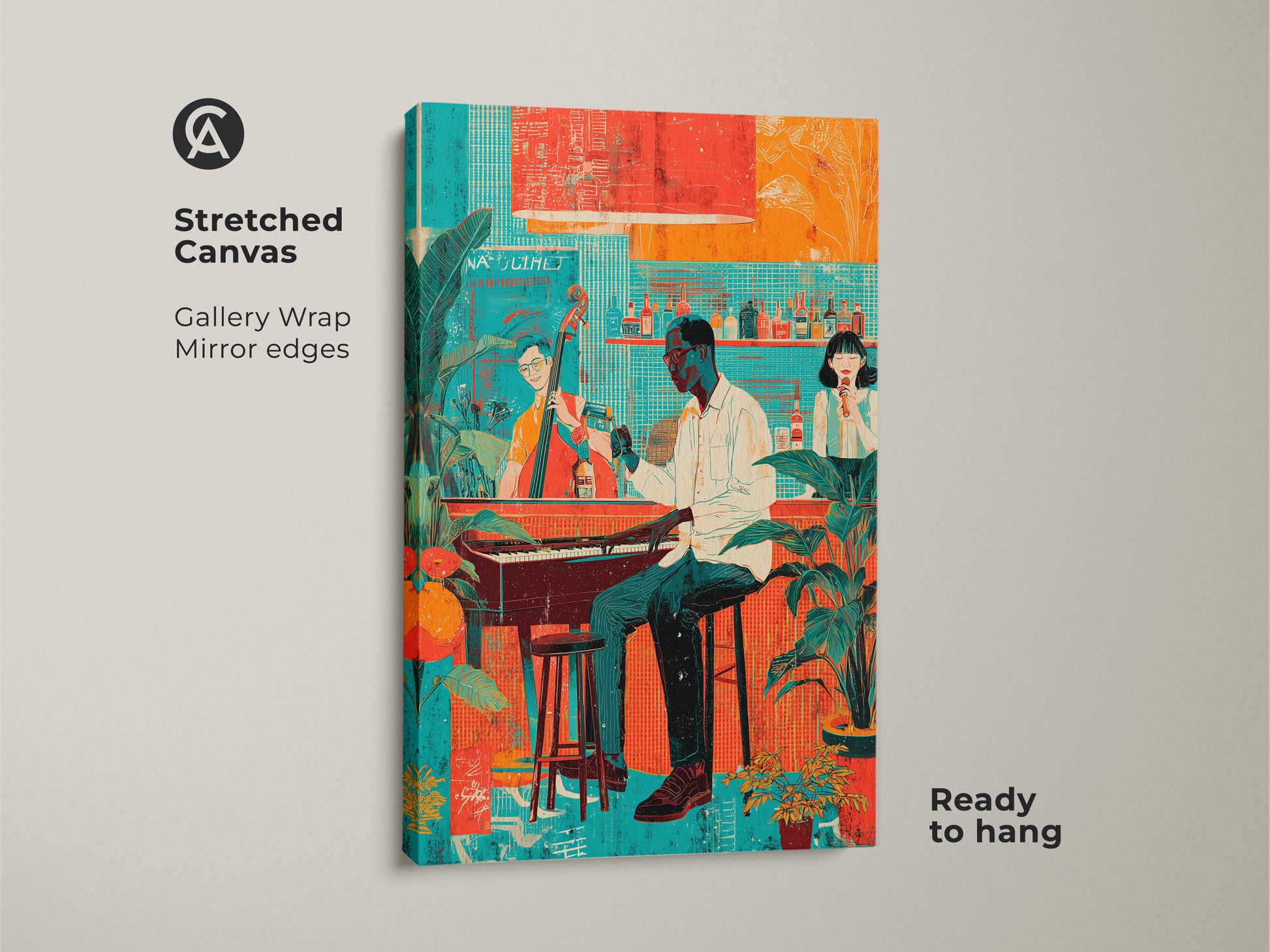 Stretched canvas art print of a retro jazz band with gallery wrapped edges. The teal red and orange artwork shows a pianist and singer. Ready to hang for eclectic bar decor.