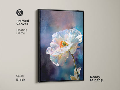 Framed Canvas of White Poppy Art in a black floating frame. This botanical floral wall art features an impressionistic flower print. Ready to hang abstract nature artwork. Enhance your bedroom wall decor with this contemporary piece.