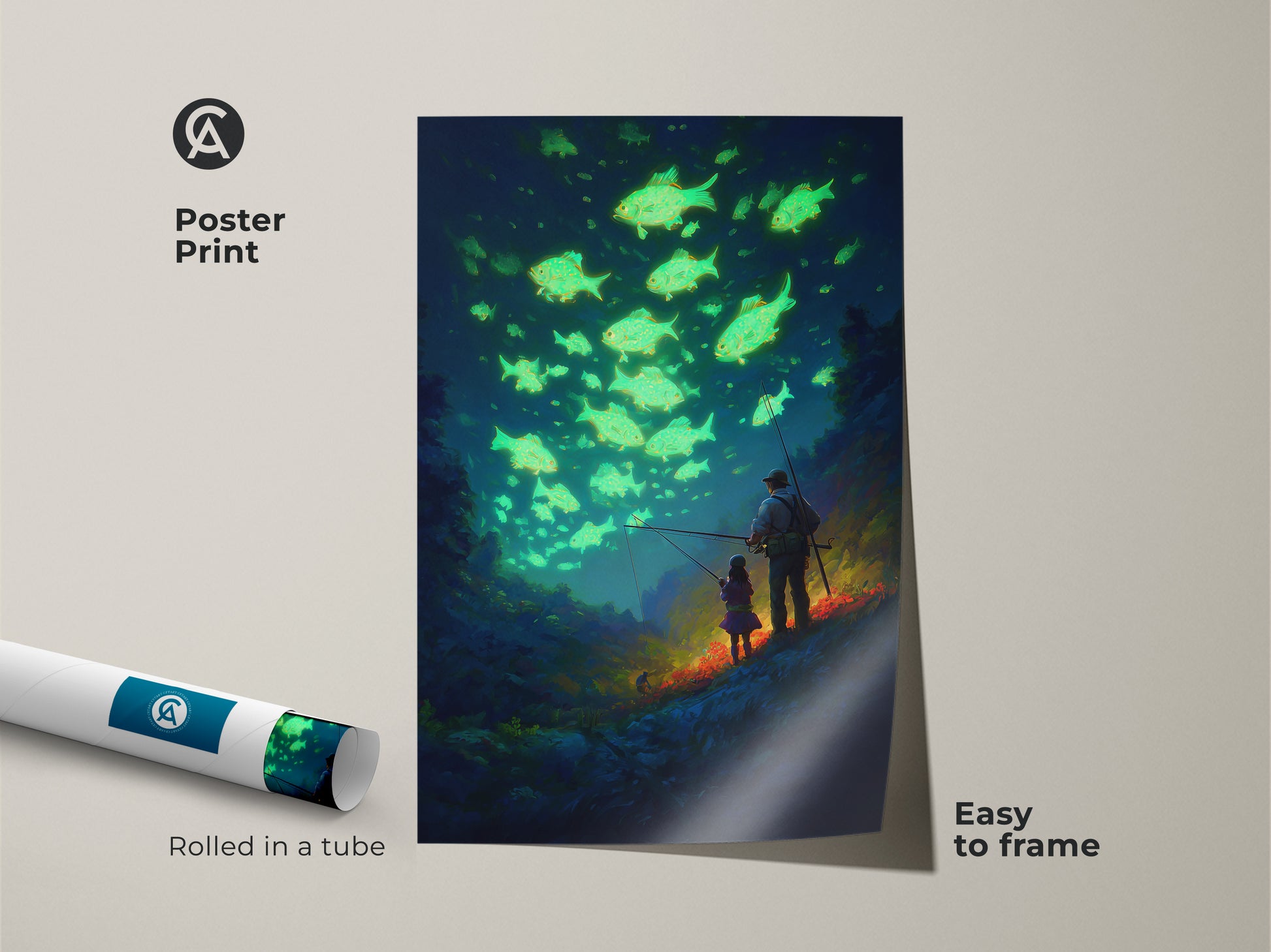 Poster print of a teal blue surrealism art featuring a father and daughter fishing. This glowing fish canvas art is easy to frame. It is rolled in a tube for secure shipping.