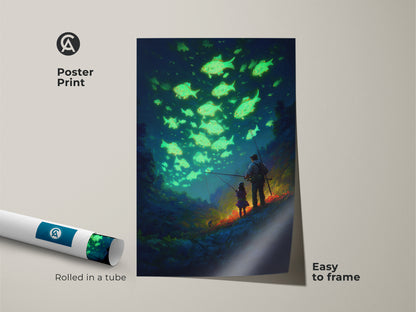 Poster print of a teal blue surrealism art featuring a father and daughter fishing. This glowing fish canvas art is easy to frame. It is rolled in a tube for secure shipping.