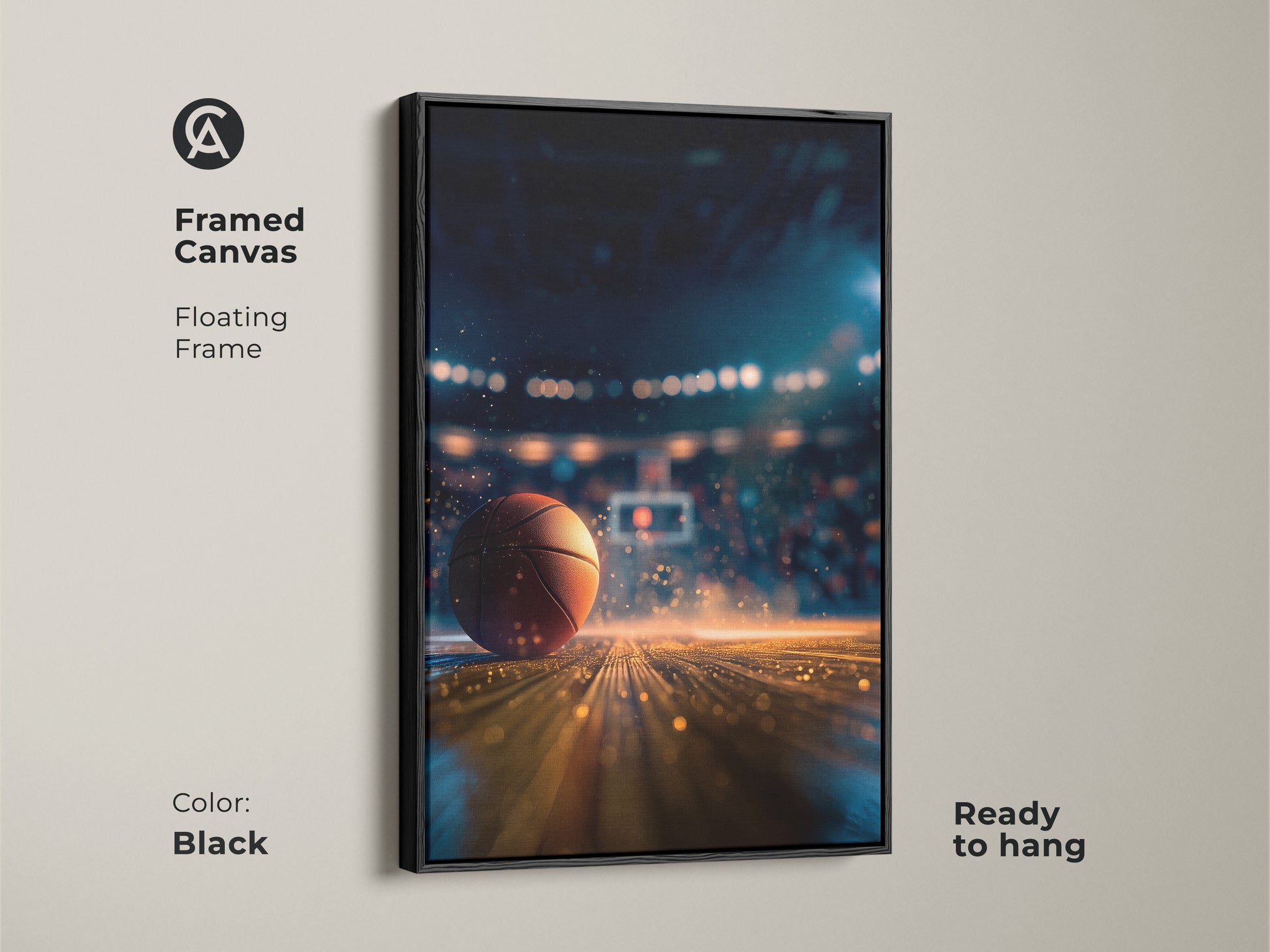 Enhance your decor with this framed canvas featuring basketball art. The floating frame in black adds a sleek touch. It is ready to hang offering a hassle-free update to your space. Perfect for sports fans.