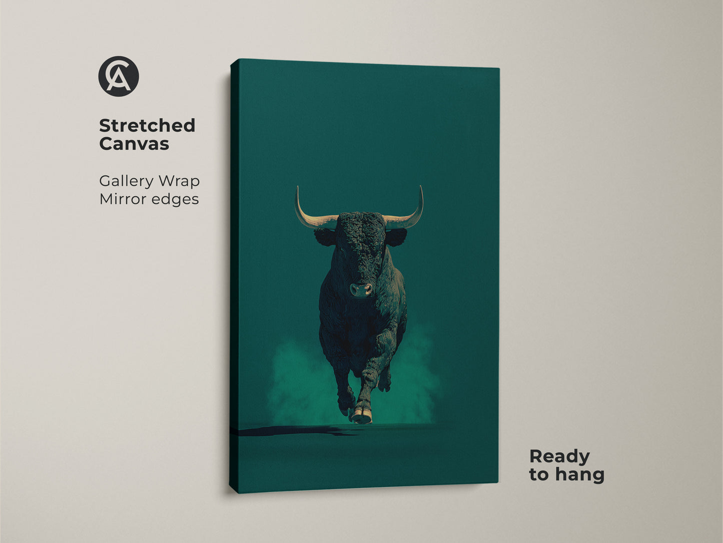 Stretched canvas of a powerful bull in dark teal. This modern animal artwork is ready to hang. It features gallery wrap mirror edges. A striking piece for contemporary office wall decor. The canvas is stretched and ready to hang.
