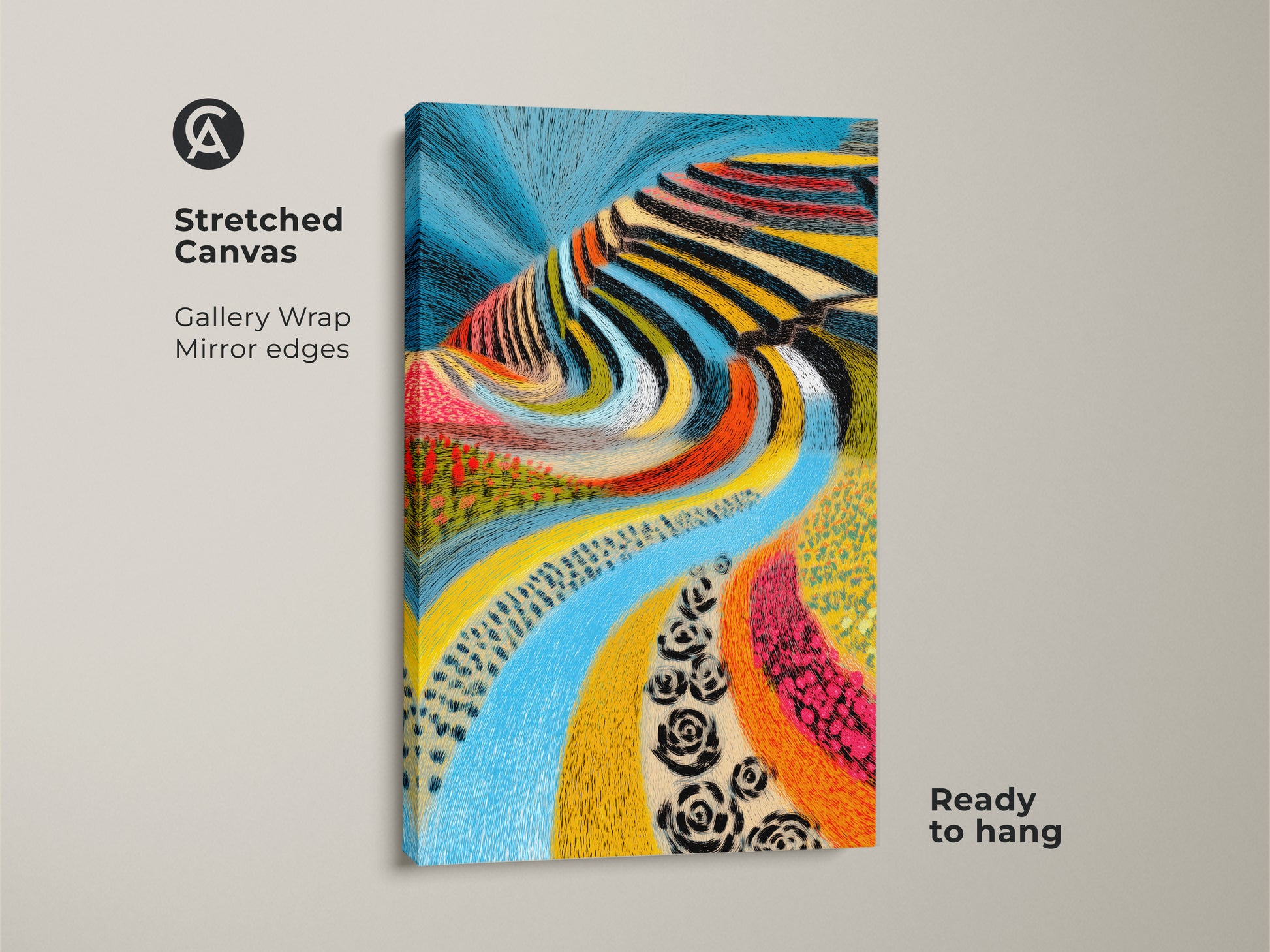 Stretched canvas folk art landscape print. It features an abstract blue river. This artwork is ready to hang with mirror edges. The colorful design adds an eclectic touch to any room. The vibrant colors include red yellow and blue. Perfect wall art for a housewarming gift.