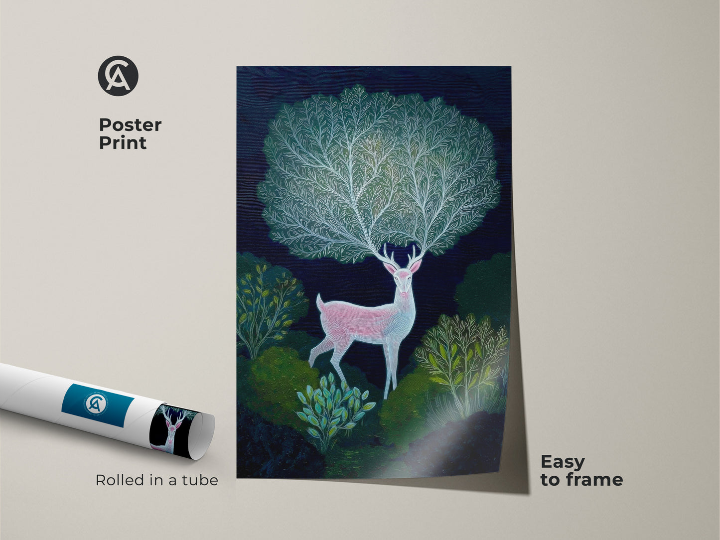 Poster print of a pink deer forest scene. This botanical deer artwork features a fantasy animal in nature. The rolled print is easy to frame. Bring a touch of whimsical forest decor to your walls with this unique piece.