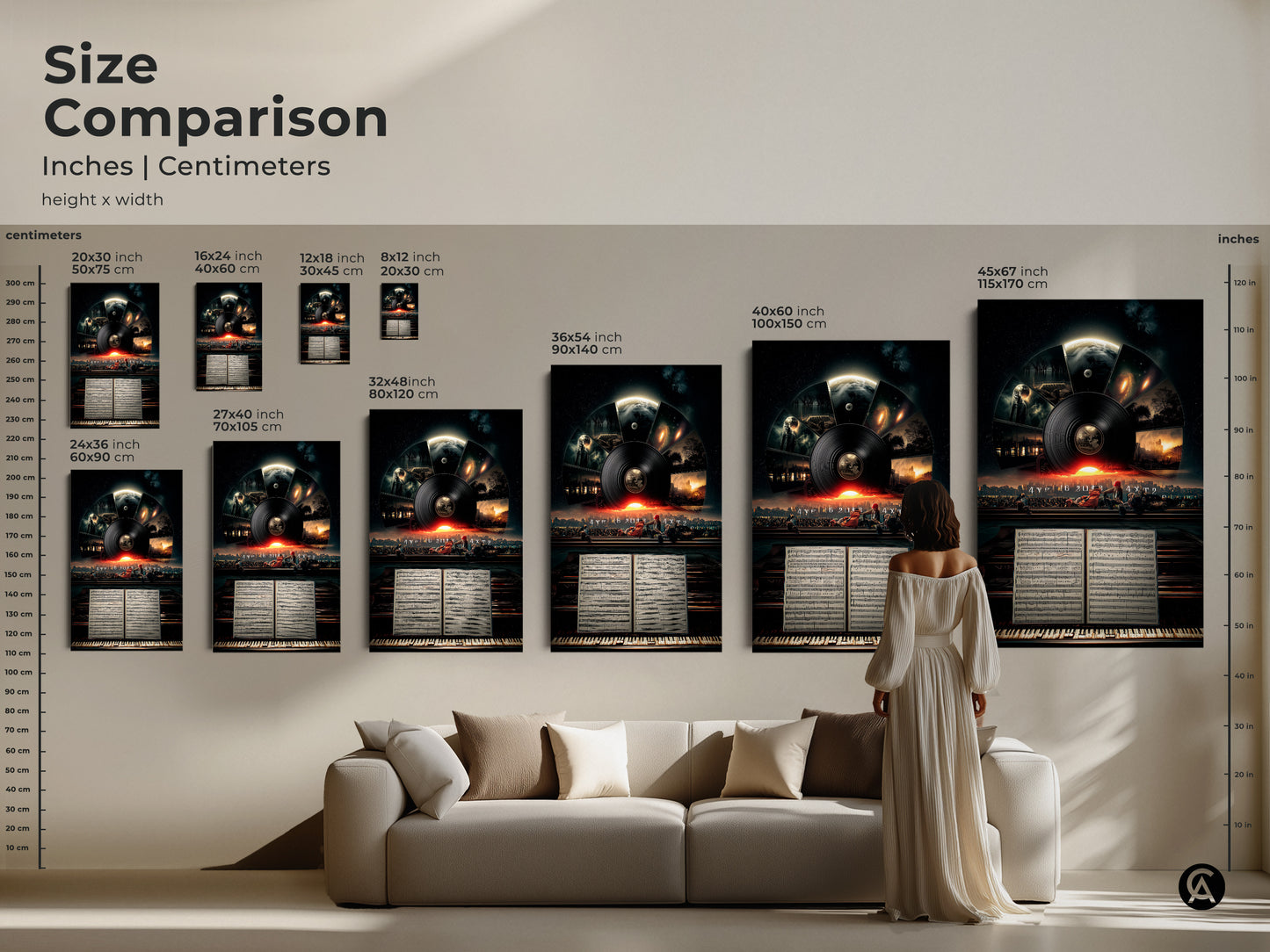 Conceptual music art size comparison guide offers options for any space. From small vinyl record art prints to large cosmic music canvas find the ideal size for your unique wall decor needs.