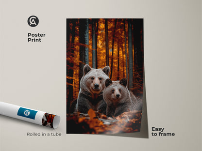 Realistic bear family poster print in an autumn forest. Rolled in a tube for easy framing. Nature wall art brings rustic animal decor to your home. Cozy up with this wildlife print. Great as a gift for nature lovers. The art features warm tones of orange yellow and brown