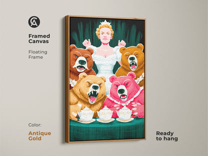 Framed canvas of the Bear Queen art in an antique gold floating frame. Ready to hang this colorful fantasy artwork adds character to any space. Ideal for study room or office decor. Perfect animal themed artwork.