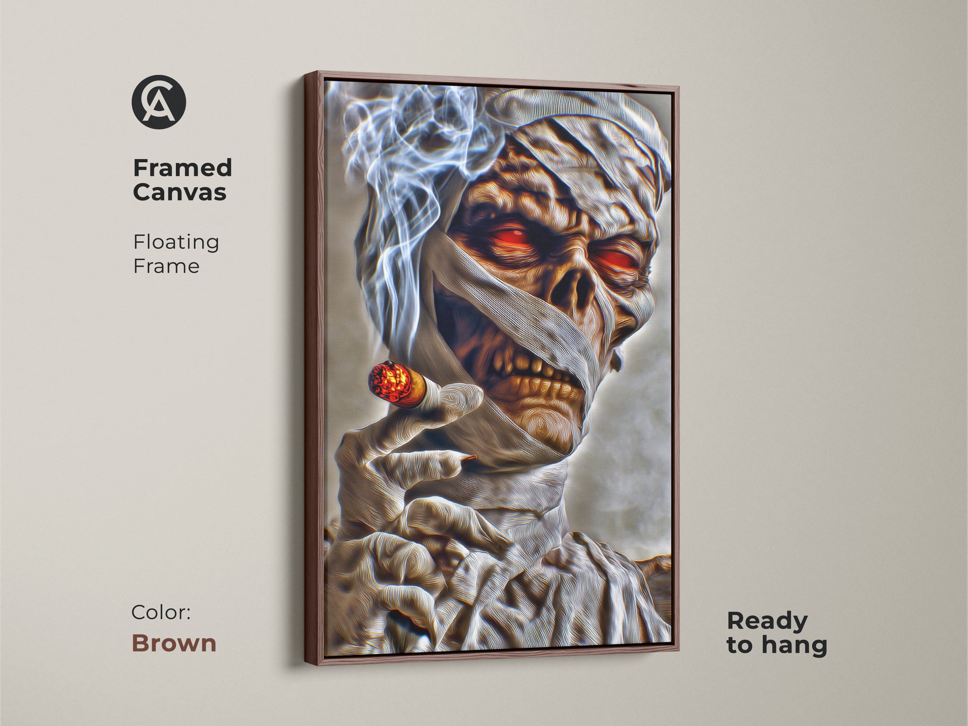 A framed canvas of a dark fantasy mummy smoking a cigar. This gothic horror artwork has a floating frame in brown. The mummy features glowing red eyes. It's ready to hang. This is an ideal horror fan gift.