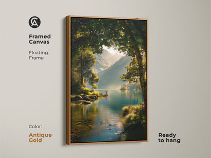 Antique gold framed canvas print featuring a tranquil lake scene. The floating frame adds elegance to the artwork. A fisherman is on the water. Enhance your decor with this stunning art.