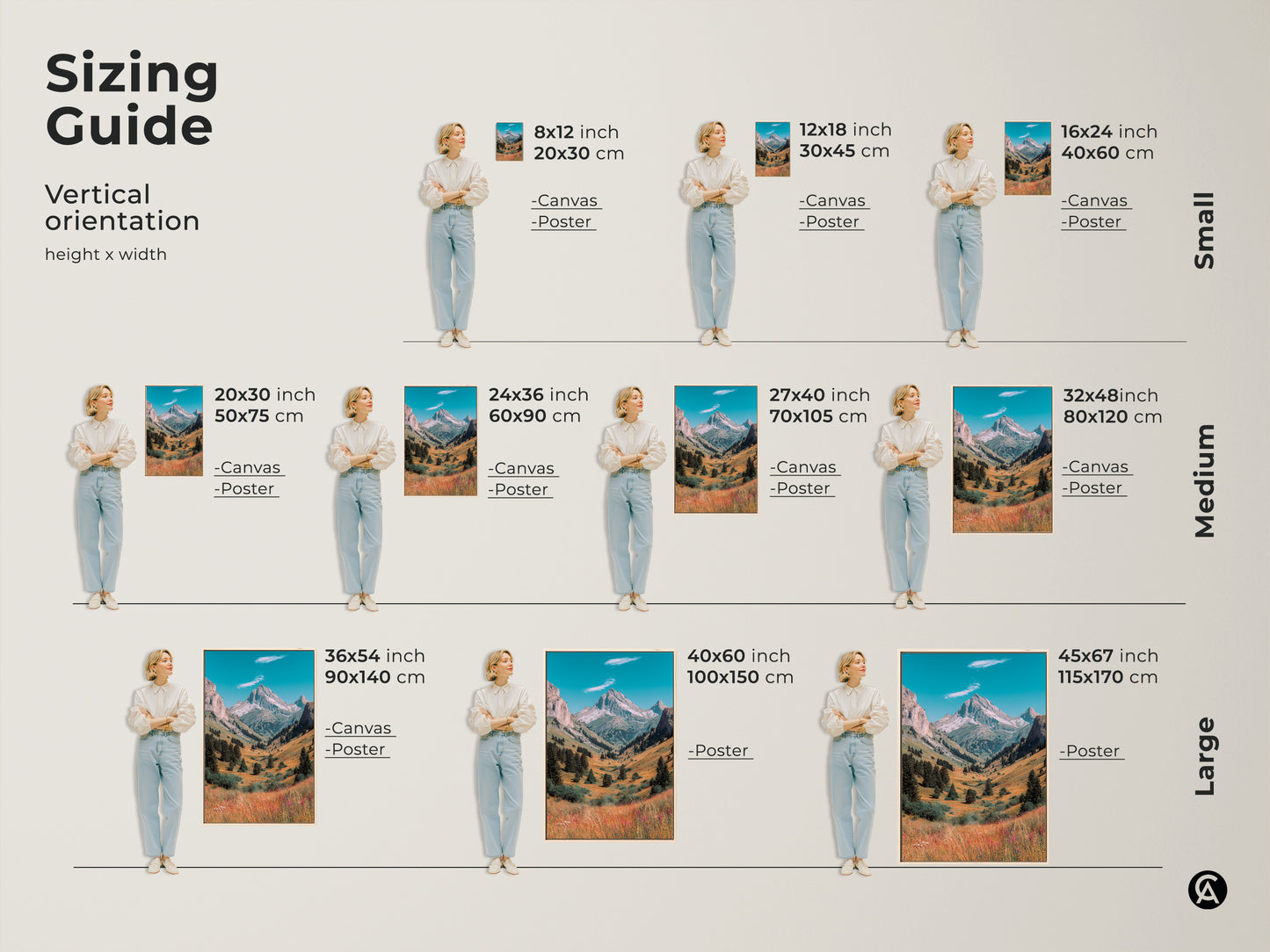 Sizing guide for vertical mountain valley art prints. Available in small medium and large sizes. Choose canvas or poster prints. Find the perfect size to complement your living space decor.