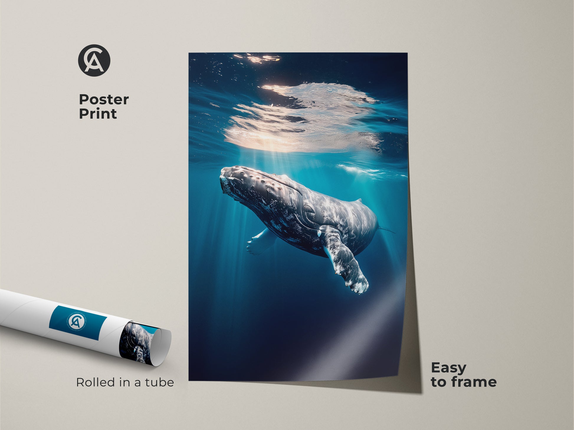 Poster print of a realistic humpback whale underwater. The ocean photography print is easy to frame. This deep blue and teal artwork is rolled in a tube. Ideal for nautical home decor or as marine life art. A captivating underwater scene for any ocean enthusiast.