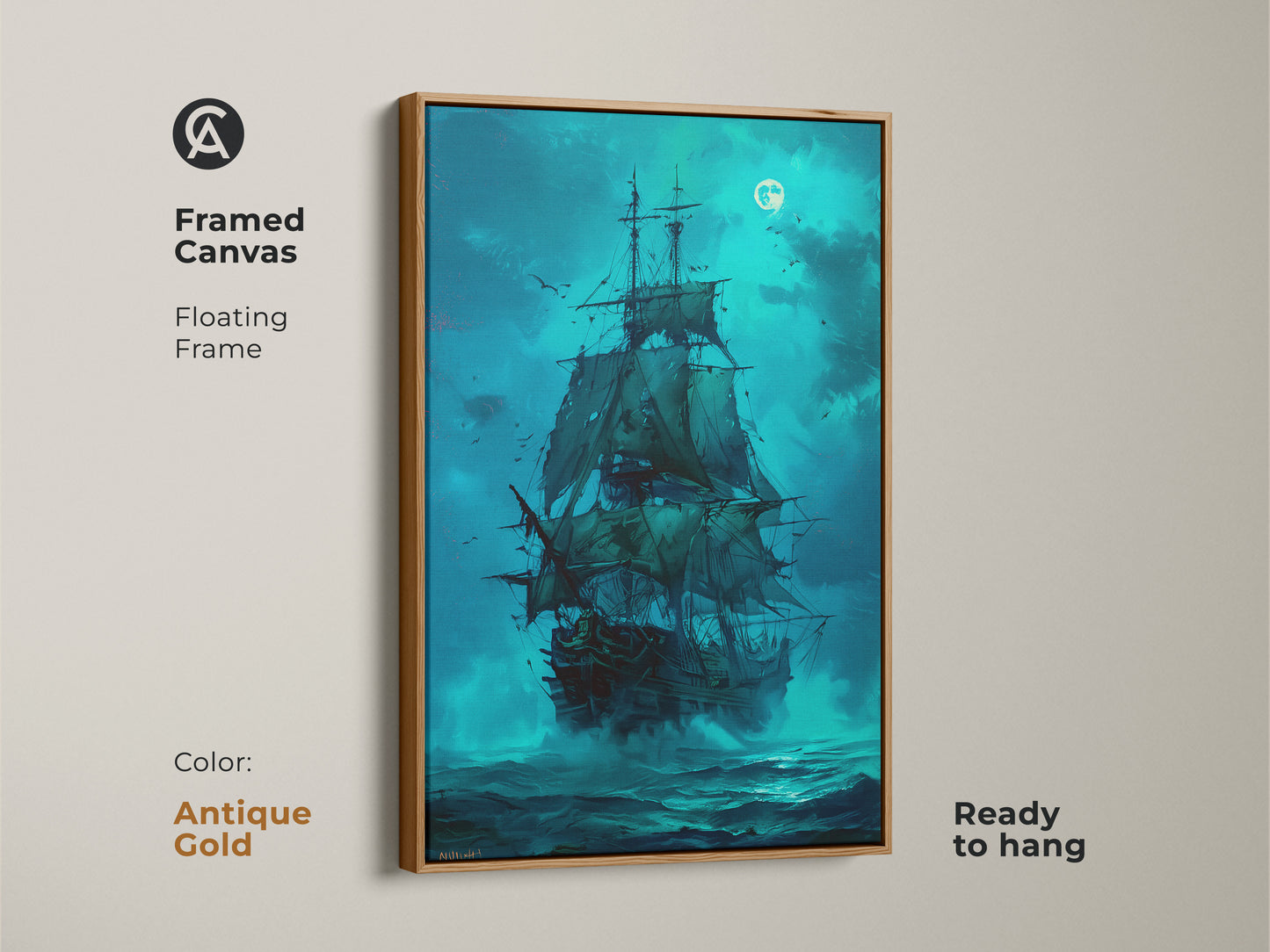 Antique Gold Framed Canvas Artwork of a Pirate Ship Sailing Under the Moonlight. This frame adds a vintage touch to the art. The floating frame creates a stunning display. It will enhance any nautical themed space. Purchase yours today for unique wall decor
