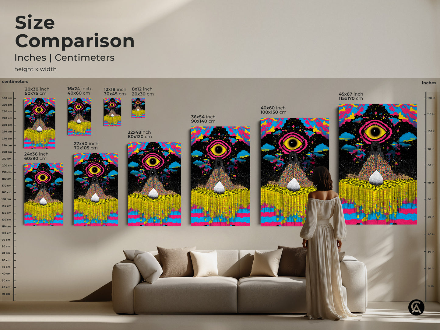 Size comparison showing the abstract cosmic eye artwork alongside room decor. This psychedelic canvas with yellow blue pink tones brings an eclectic vibe. See how various sizes enhance your living space.