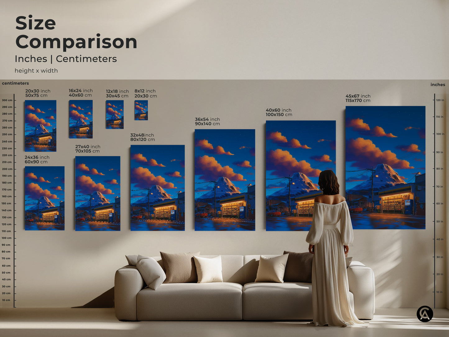 Size comparison of retro anime mountain convenience store artwork. The canvas and poster prints range from small to large. See how the deep blue and orange Japanese landscape fits above a sofa. Perfect wall art for adding a unique anime aesthetic to eclectic homes. Ideal for travel souvenir art.