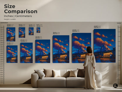 Size comparison of retro anime mountain convenience store artwork. The canvas and poster prints range from small to large. See how the deep blue and orange Japanese landscape fits above a sofa. Perfect wall art for adding a unique anime aesthetic to eclectic homes. Ideal for travel souvenir art.