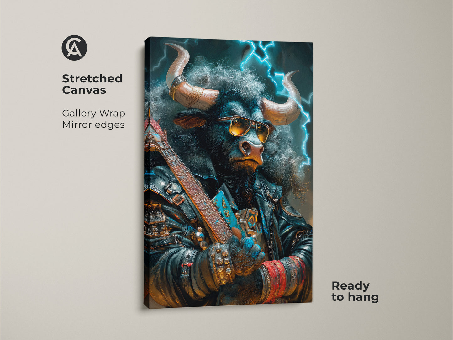 A stretched canvas print featuring a bull with sunglasses and a leather jacket. The bull is holding a guitar. The canvas has gallery wrapped mirror edges and is ready to hang. A unique art piece.