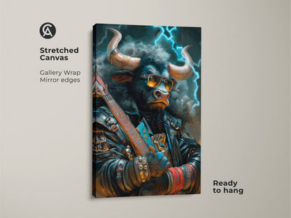 A stretched canvas print featuring a bull with sunglasses and a leather jacket. The bull is holding a guitar. The canvas has gallery wrapped mirror edges and is ready to hang. A unique art piece.