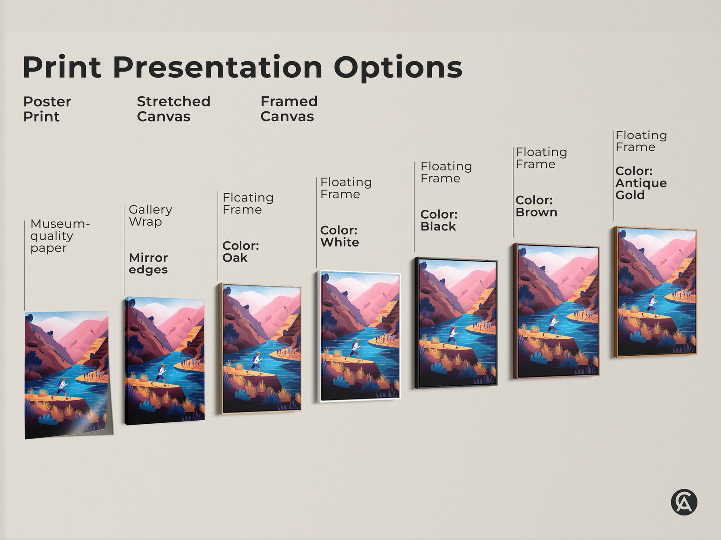 Print presentation options for adventure river landscape art. Poster print on museum-quality paper with stretched canvas. Framed canvas in oak white black brown and antique gold. The contemporary teal pink mountain scene canvas is a great gift for hikers.