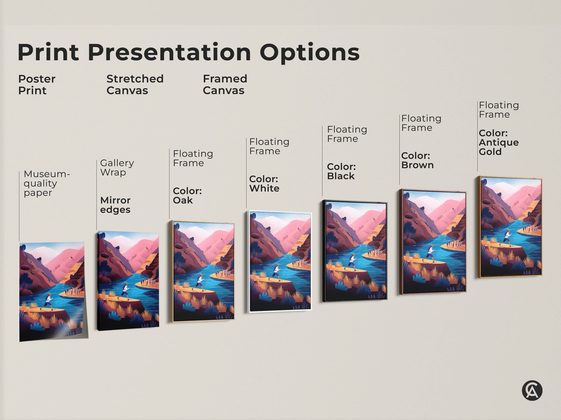 Print presentation options for adventure river landscape art. Poster print on museum-quality paper with stretched canvas. Framed canvas in oak white black brown and antique gold. The contemporary teal pink mountain scene canvas is a great gift for hikers.