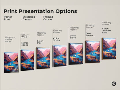 Print presentation options for adventure river landscape art. Poster print on museum-quality paper with stretched canvas. Framed canvas in oak white black brown and antique gold. The contemporary teal pink mountain scene canvas is a great gift for hikers.
