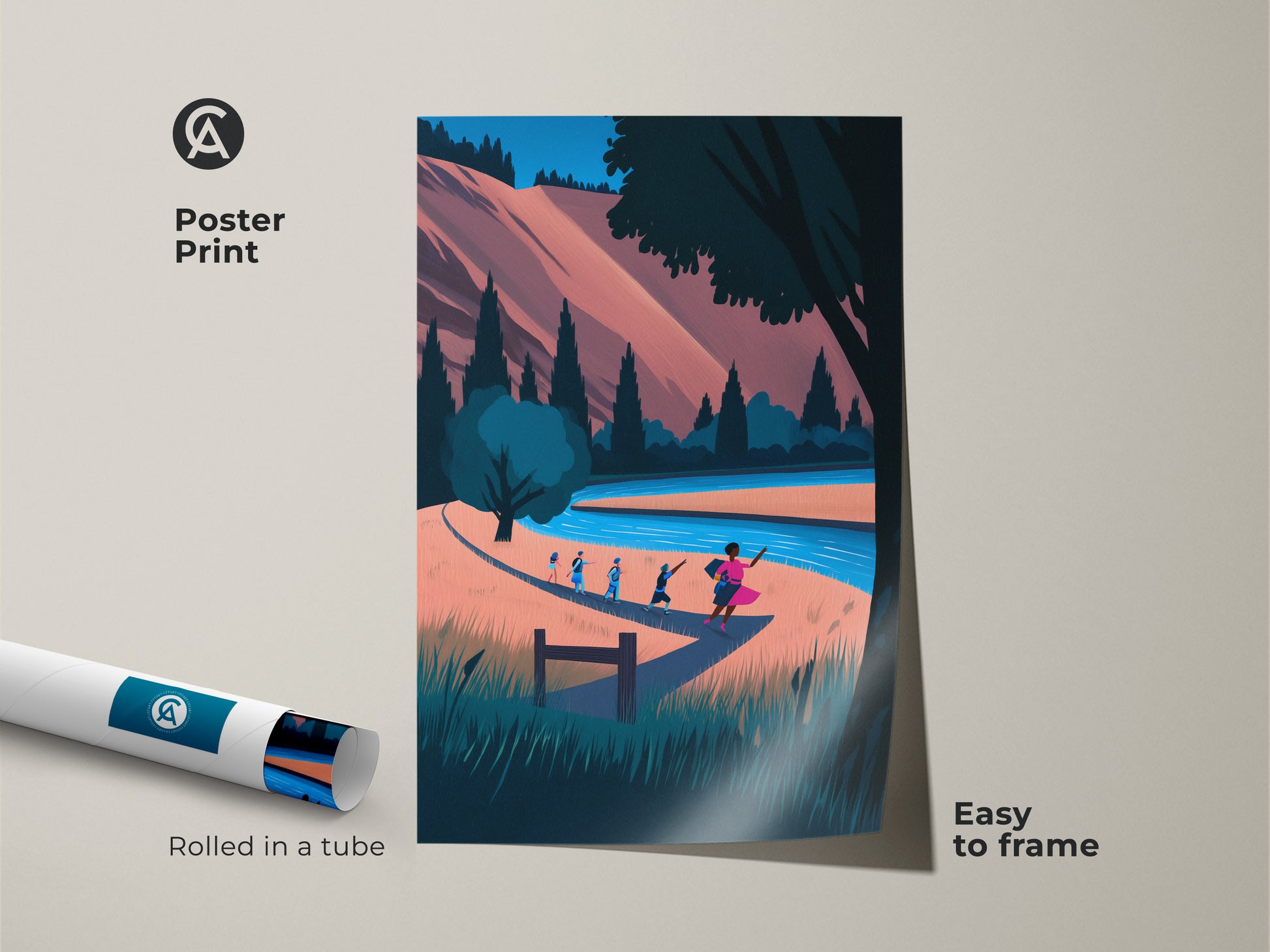Poster Print version of the River Landscape Canvas Artwork. This boho nature art print features hikers by a river. Modern folk art is easy to frame. Rolled in a tube for protection. The coral blue teal color palette brings nature to your home.