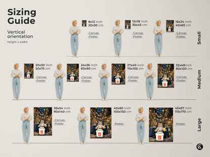 Sizing guide for vertical tiger artwork. See canvas and poster options in various sizes. Find the perfect fit for your space. Small medium and large sizes are available. Choose the ideal dimensions for your eclectic home decor. Make a statement with your art.