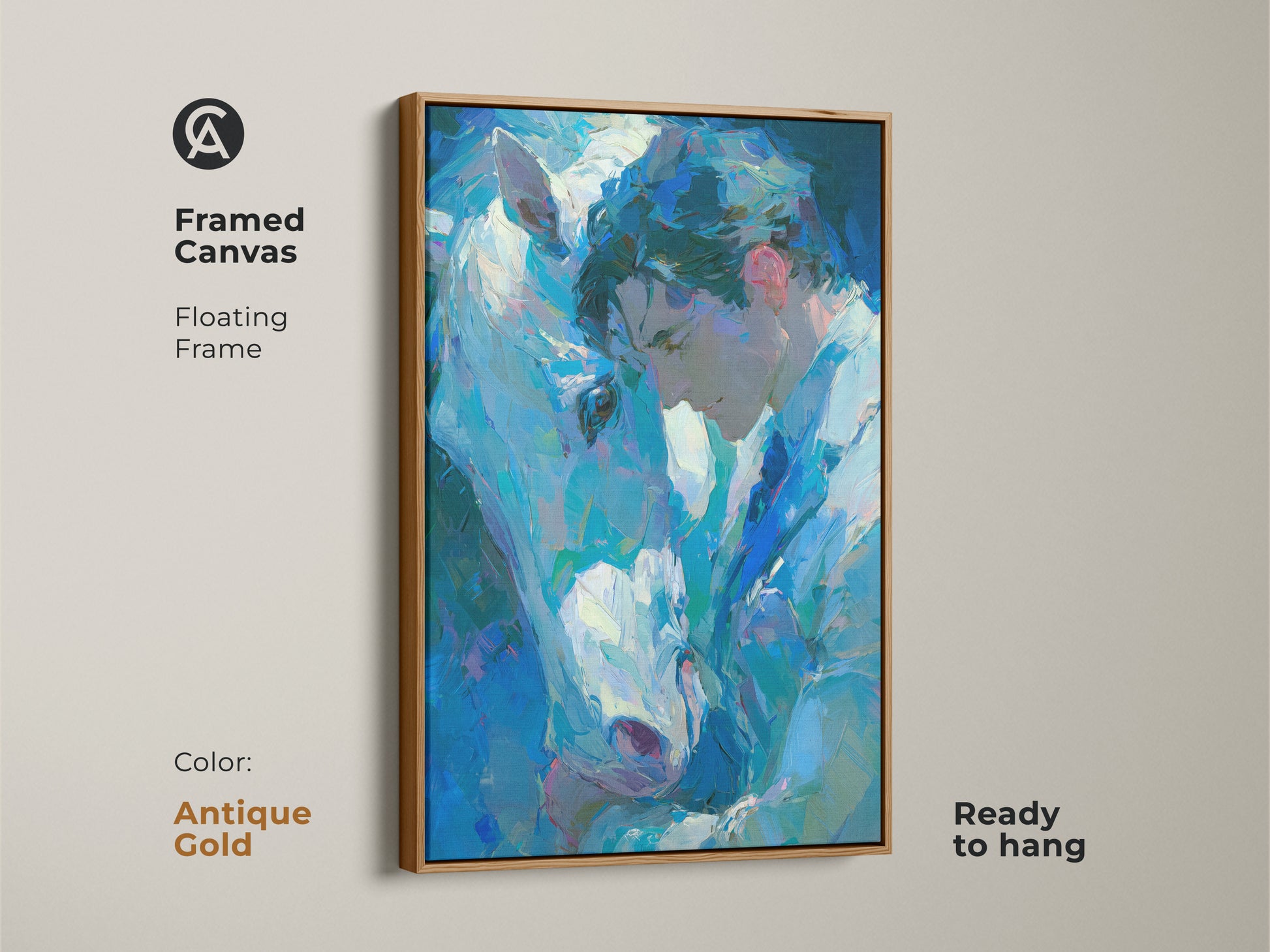 Antique gold framed canvas art print featuring a man and white horse. The artwork is ready to hang with a floating frame. This emotional piece is perfect for traditional decor. Shop this framed canvas for a refined art experience.