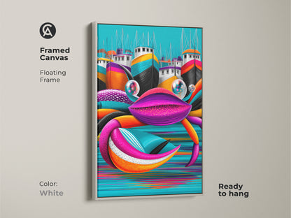 Framed canvas Pop Art crab art in white floating frame. Ready to hang. This abstract marine artwork is perfect for eclectic home decor. The bright boat canvas adds a whimsical touch.