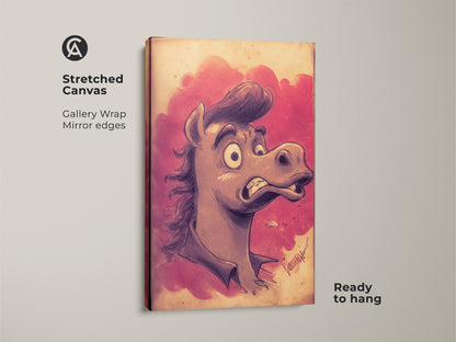 This stretched canvas features funny horse cartoon art. The pink purple horse print is ready to hang. It provides a whimsical animal art touch. Makes a great horse lover gift idea. This quirky equine artwork will stand out.