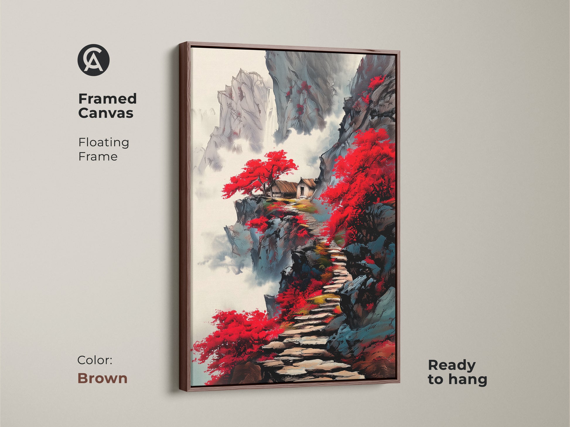Framed canvas of a red mountain pagoda art print with a brown floating frame. The Japanese ink wash landscape shows traditional Asian wall decor. This Japandi style art is ready to hang.