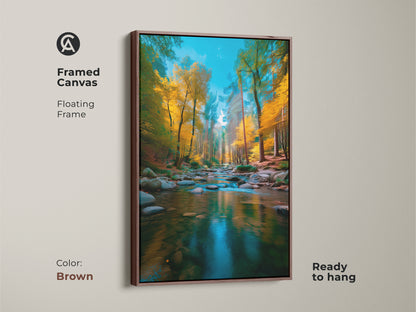 Framed canvas artwork featuring a brown floating frame displaying a river flowing through the autumn forest. This ready-to-hang canvas adds warmth to any room. A great choice for landscape art.
