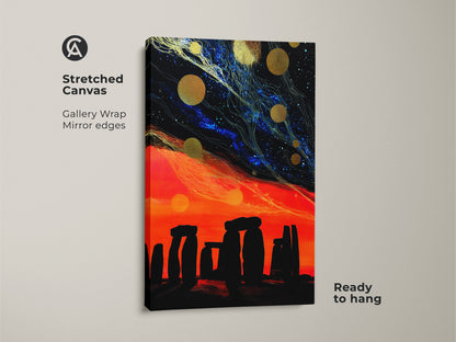 Stretched canvas print. This Stonehenge night canvas art features a cosmic starry sky. Abstract fantasy landscape painting on premium canvas. Ready to hang with gallery wrap mirror edges. It's a unique abstract wall art for home. Order now.