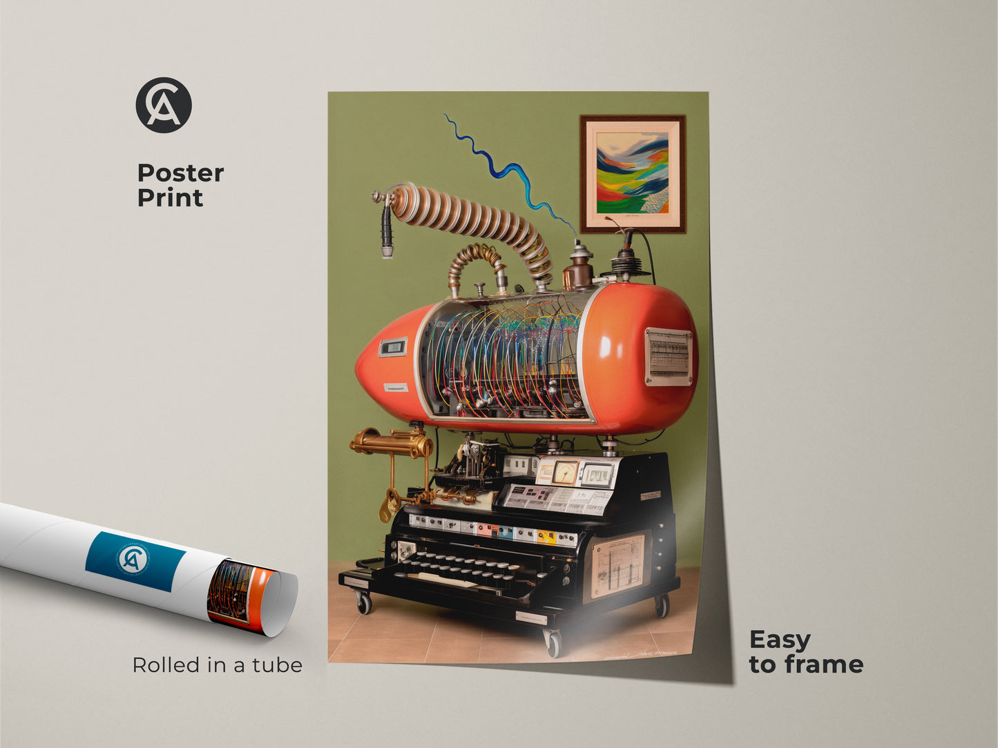 Poster print of a steampunk invention. Rolled in a tube for easy framing. Features retrofuturism machine canvas. Abstract mechanical art for office decor. A unique tech gift idea art for creative workshops.
