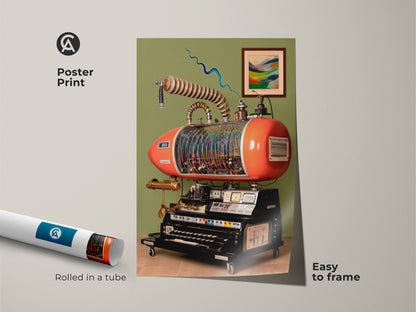Poster print of a steampunk invention. Rolled in a tube for easy framing. Features retrofuturism machine canvas. Abstract mechanical art for office decor. A unique tech gift idea art for creative workshops.