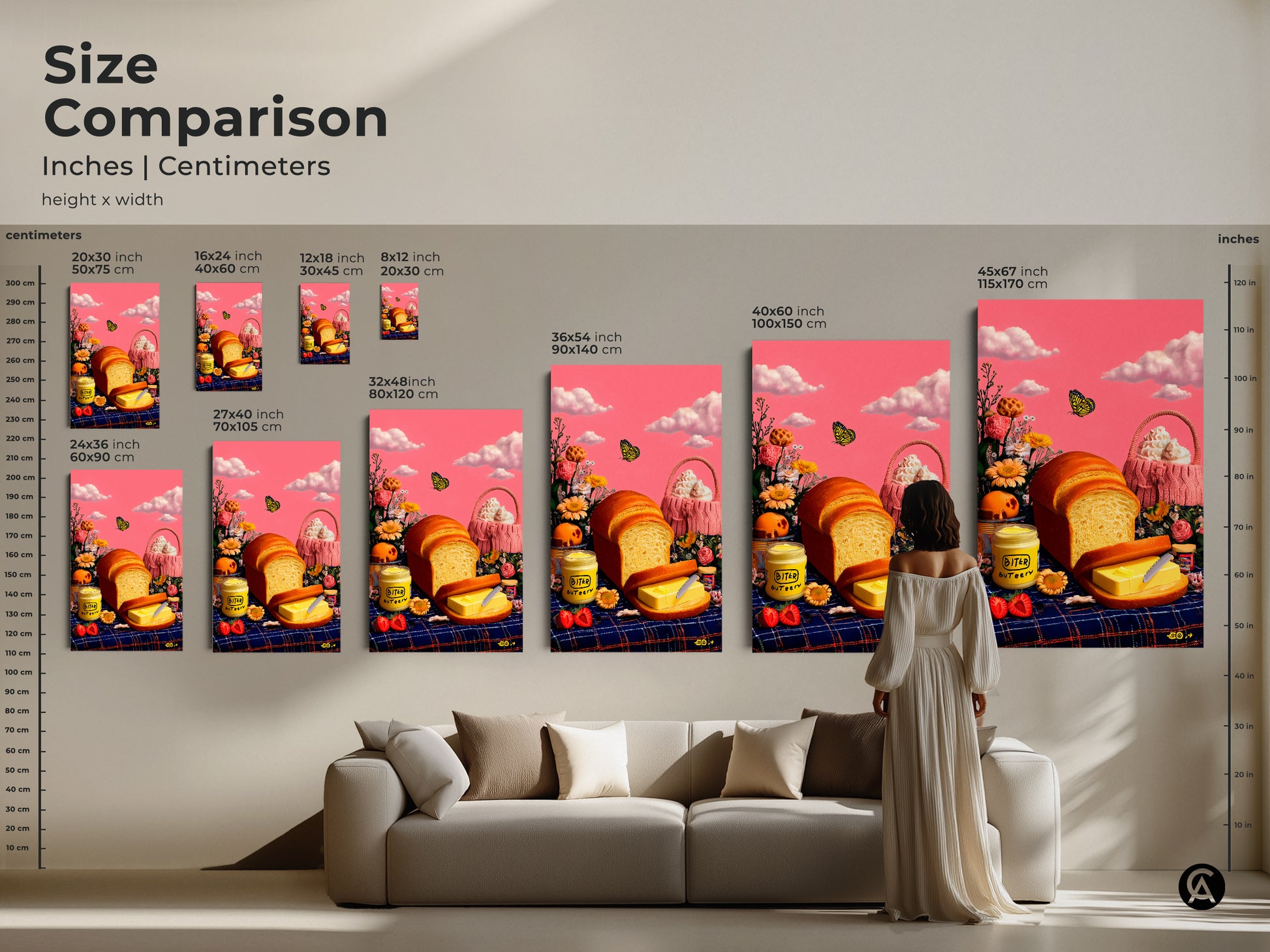 Size comparison showcases bread and butter art in a living room setting. Various sizes offer versatile decor. Transform your space with whimsical kitchen artwork that features a surreal pink sky.