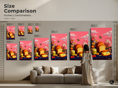 Size comparison showcases bread and butter art in a living room setting. Various sizes offer versatile decor. Transform your space with whimsical kitchen artwork that features a surreal pink sky.
