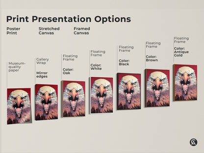 Explore print presentation options. Choose a poster print or stretched canvas. Select a framed canvas with floating frame. Each piece features fierce eagle artwork perfect for modern spaces and as a patriot gift.