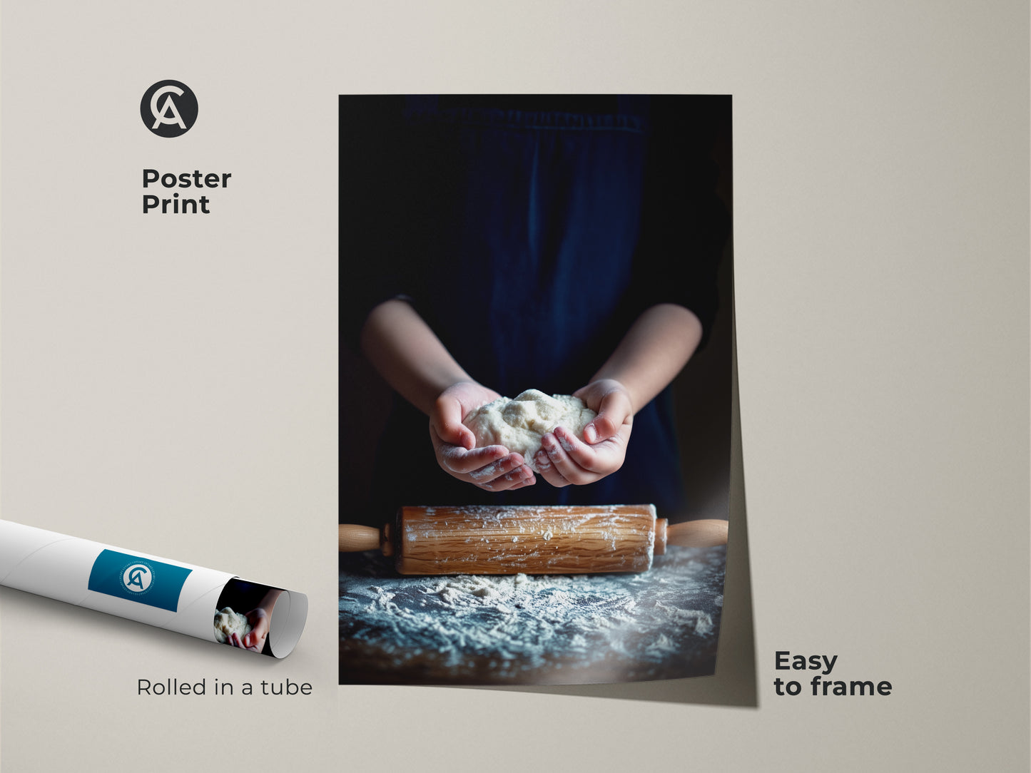 Poster print displays rustic baking wall art. Hands holding dough is rolled in a tube for easy framing. This farmhouse kitchen decor print adds warmth to any residential kitchen.