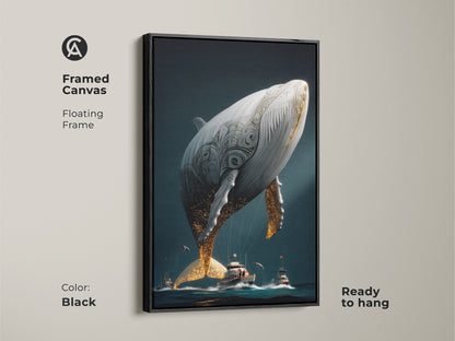 Black framed canvas featuring a surreal whale. The artwork displays a dark teal ocean background with gold accents. Ready to hang this piece brings fantasy and nautical themes together. Great for eclectic home decor and as a gift for ocean enthusiasts. The frame color is black.