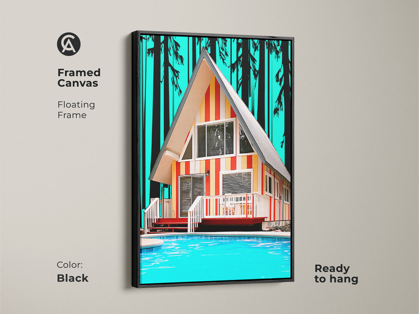 Framed canvas of Mid-Century Modern A-Frame Cabin. The black floating frame enhances the retro poolside cabin artwork. Teal orange yellow art brings summer vacation vibes to your living room. Vintage architecture print is ready to hang.