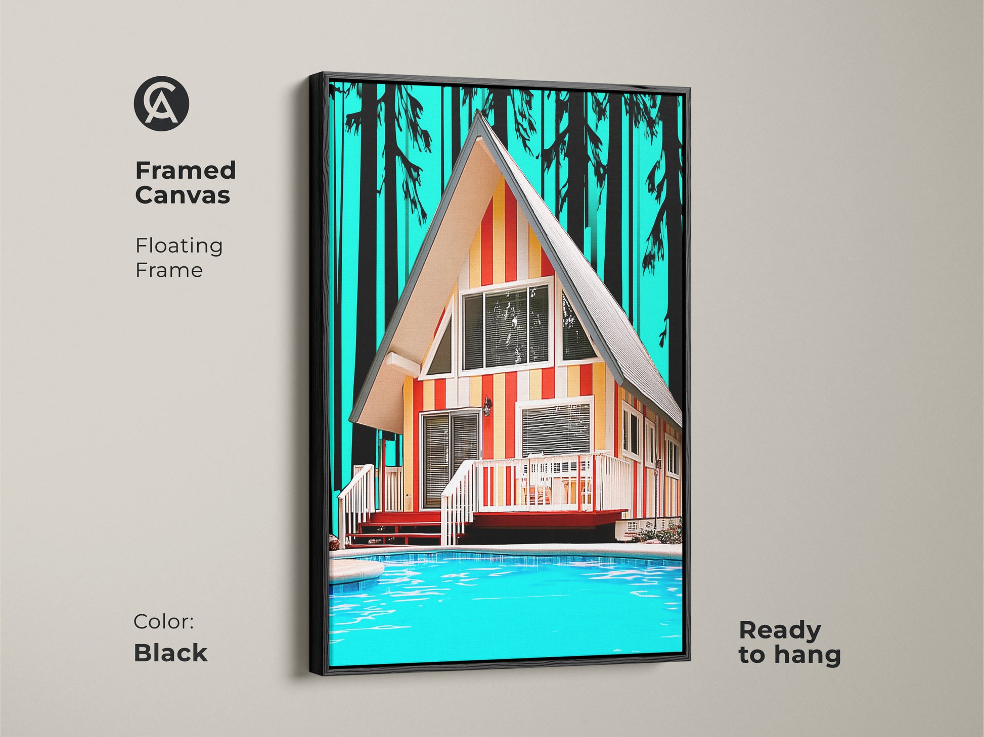 Framed canvas of Mid-Century Modern A-Frame Cabin. The black floating frame enhances the retro poolside cabin artwork. Teal orange yellow art brings summer vacation vibes to your living room. Vintage architecture print is ready to hang.