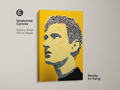 Stretched canvas art print featuring a man's profile. The yellow background makes the black and white lines pop. It's ready to hang with mirror edges. This gallery wrap canvas adds a modern touch to any room.