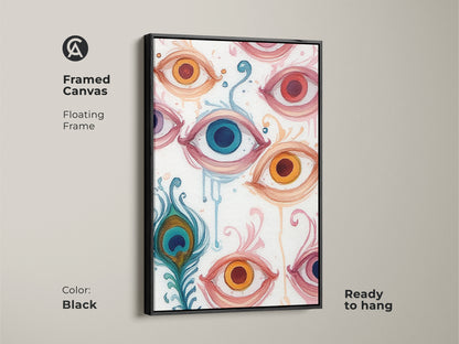 Framed Canvas in Black showcasing abstract eye artwork. This surreal painting features a peacock feather. Ready to hang this floral swirls art offers an eclectic touch. Perfect for a modern room.