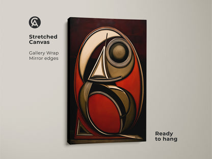 Stretched canvas print of an abstract sailboat. The art deco art piece features geometric forms in rust red dark brown and gold. Ready to hang gallery wrapped canvas with nautical theme for a sophisticated home or office.