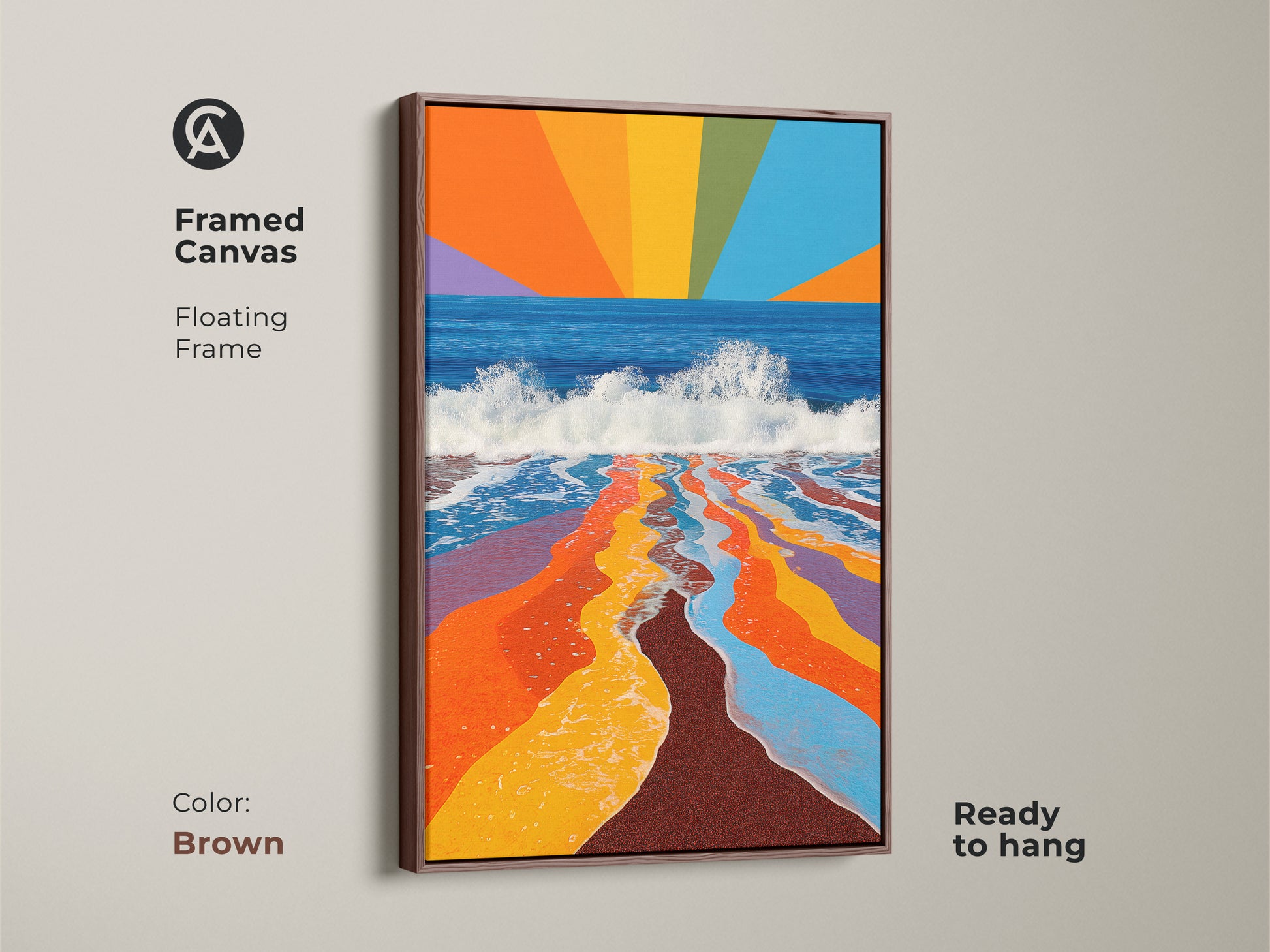 A brown framed canvas presents abstract rainbow waves. This colorful ocean art adds a vibrant touch to coastal decor. Its floating frame emphasizes the geometric seascape. Ready to hang for any space.