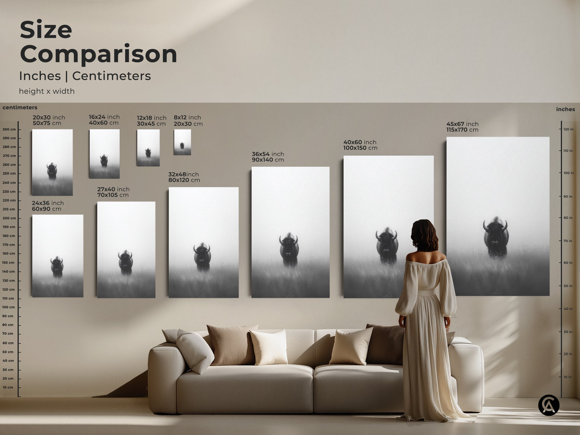 Size comparison of the monochrome bison art across various dimensions in inches and centimeters. Ranging from small to large sizes. It's showcasing how each size appears above a couch to better imagine it in your living space.