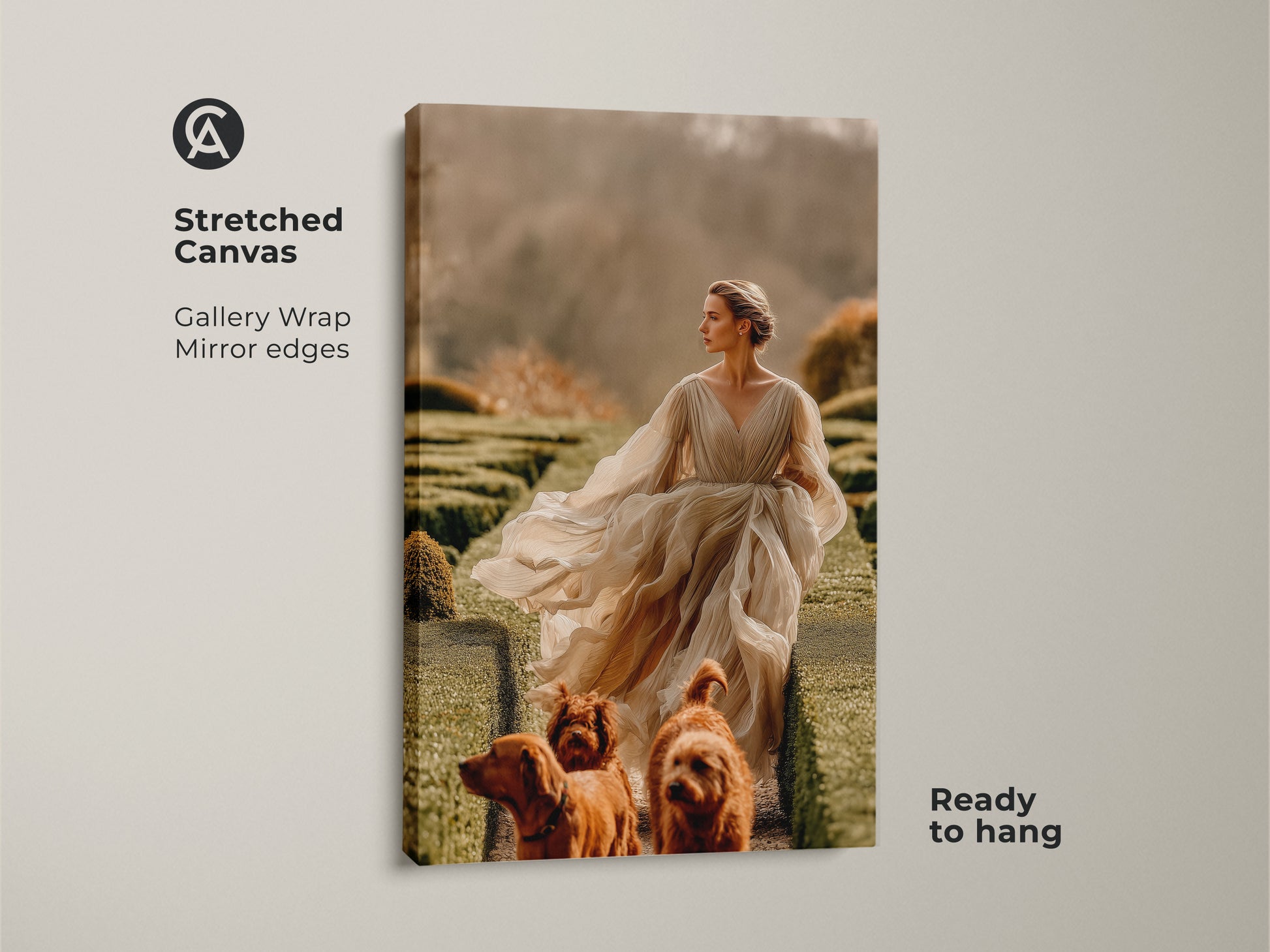 Stretched canvas print featuring a woman with dogs. Elegant romanticism artwork adds classic style to any wall. The canvas gallery wrap has mirrored edges. It is ready to hang bringing a touch of European charm to your home decor.